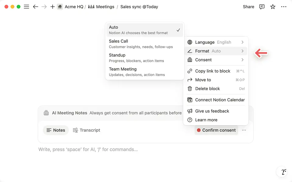 Choose the format option for your meeting so Notion AI can organize your conversation more effectively.