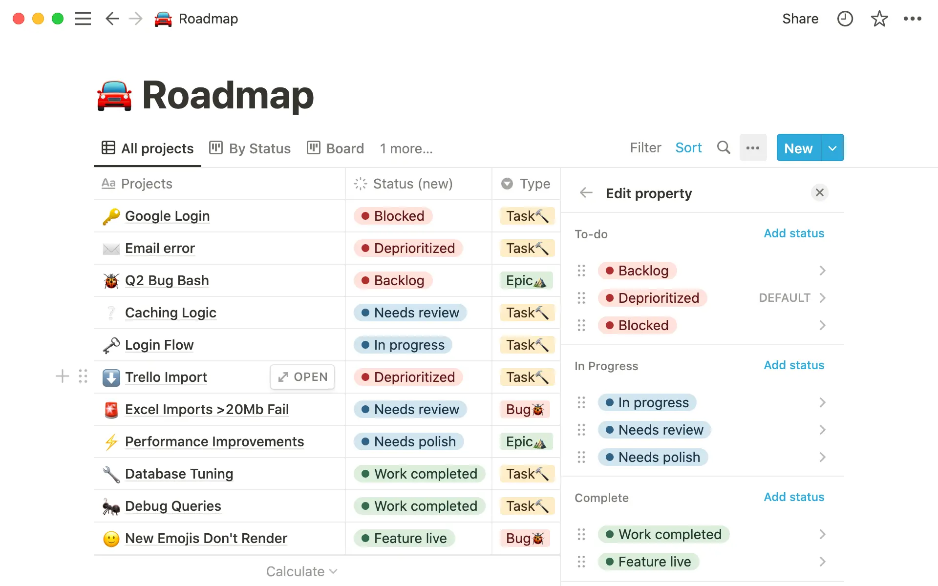 Status property lets you quickly show a task's status — and add custom subcategories.
