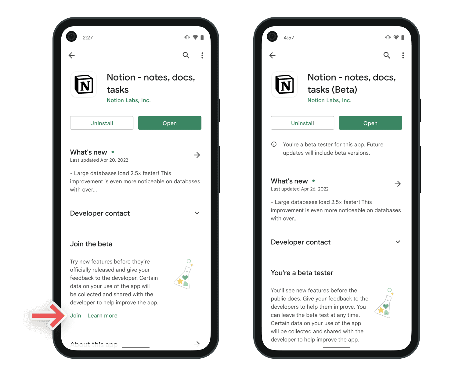 Screenshots of signing up for Notion's Android beta in the Google Play store.
