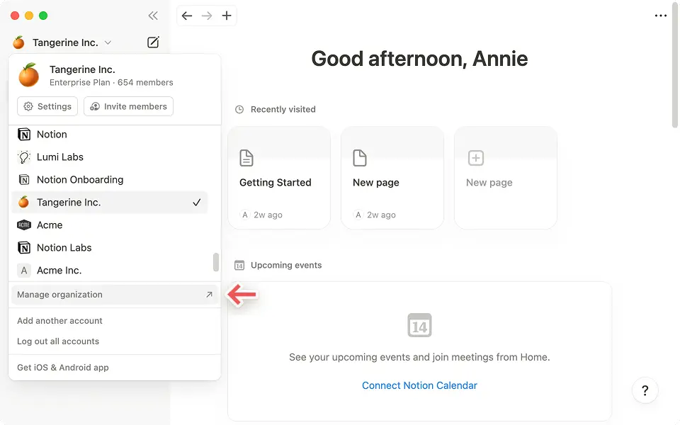 Click "manage organization" in the sidebar to access the admin console.