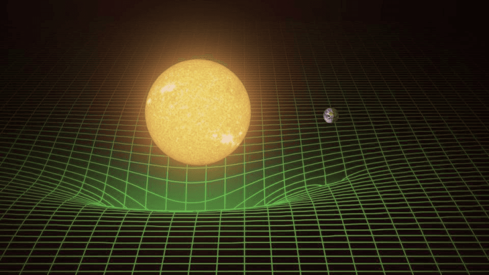 Visualization of the massive bodies warping space-time. Image from LIGO Lab