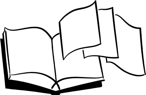 Pages flying out of a book.